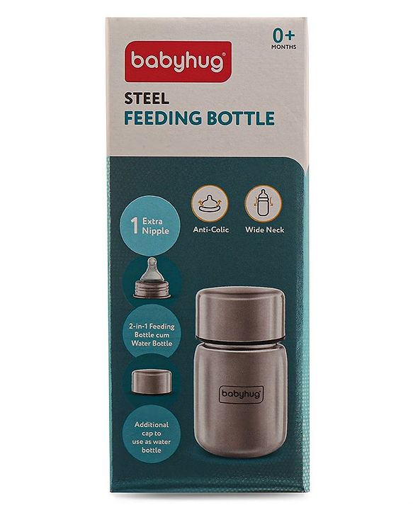 Babyhug Sterilizable Steel Feeding Bottle - 240 ml| BPA Free| Leak Resistant| BPA Free| 304 Grade| Anti-Colic| Newborns & Toddlers| Corrosion Resistant| Use as Water Bottle| Wide Neck