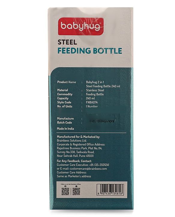 Babyhug Sterilizable Steel Feeding Bottle - 240 ml| BPA Free| Leak Resistant| BPA Free| 304 Grade| Anti-Colic| Newborns & Toddlers| Corrosion Resistant| Use as Water Bottle| Wide Neck