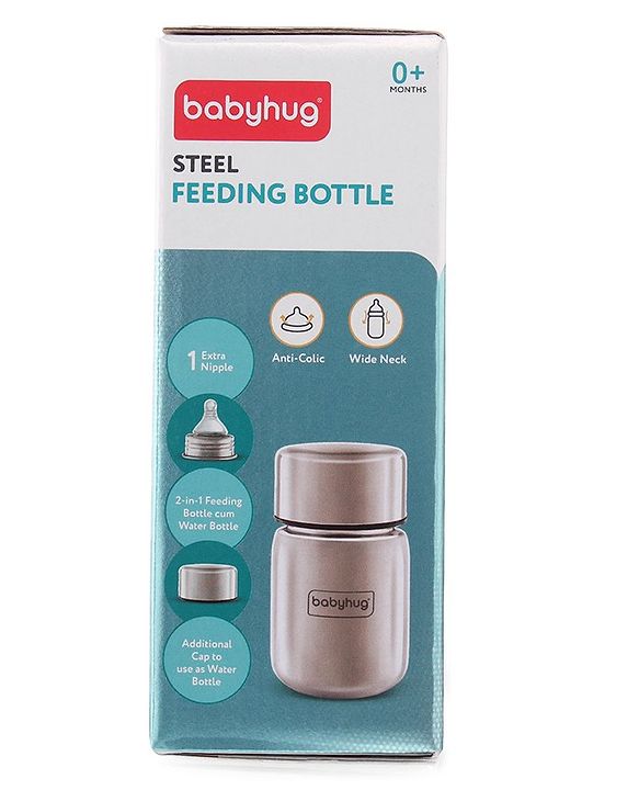 Babyhug Sterilizable Steel Feeding Bottle - 240 ml| BPA Free| Leak Resistant| BPA Free| 304 Grade| Anti-Colic| Newborns & Toddlers| Corrosion Resistant| Use as Water Bottle| Wide Neck
