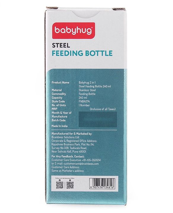 Babyhug Sterilizable Steel Feeding Bottle - 240 ml| BPA Free| Leak Resistant| BPA Free| 304 Grade| Anti-Colic| Newborns & Toddlers| Corrosion Resistant| Use as Water Bottle| Wide Neck