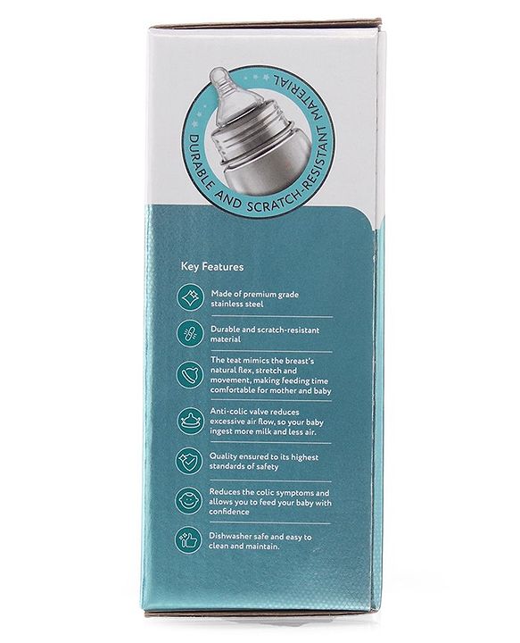 Babyhug Sterilizable Steel Feeding Bottle - 240 ml| BPA Free| Leak Resistant| BPA Free| 304 Grade| Anti-Colic| Newborns & Toddlers| Corrosion Resistant| Use as Water Bottle| Wide Neck