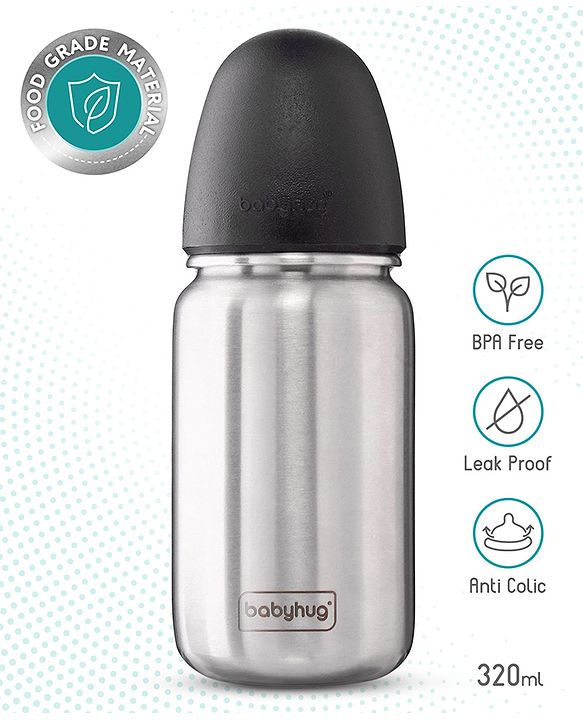 Babyhug Sterilizable Steel Feeding Bottle - 240 ml| BPA Free| Leak Resistant| BPA Free| 304 Grade| Anti-Colic| Newborns & Toddlers| Corrosion Resistant| Use as Water Bottle| Wide Neck