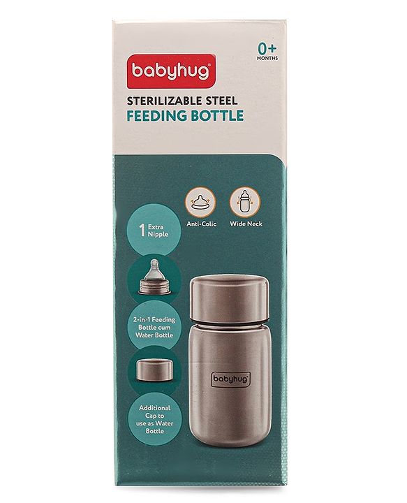 Babyhug Sterilizable Steel Feeding Bottle - 240 ml| BPA Free| Leak Resistant| BPA Free| 304 Grade| Anti-Colic| Newborns & Toddlers| Corrosion Resistant| Use as Water Bottle| Wide Neck