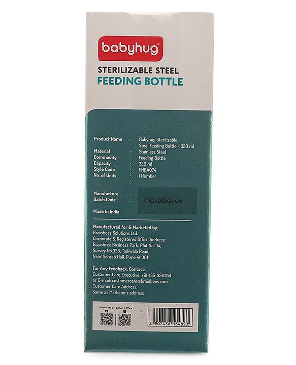 Babyhug Sterilizable Steel Feeding Bottle - 240 ml| BPA Free| Leak Resistant| BPA Free| 304 Grade| Anti-Colic| Newborns & Toddlers| Corrosion Resistant| Use as Water Bottle| Wide Neck