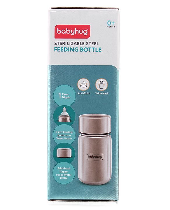 Babyhug Sterilizable Steel Feeding Bottle - 240 ml| BPA Free| Leak Resistant| BPA Free| 304 Grade| Anti-Colic| Newborns & Toddlers| Corrosion Resistant| Use as Water Bottle| Wide Neck