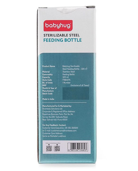 Babyhug Sterilizable Steel Feeding Bottle - 240 ml| BPA Free| Leak Resistant| BPA Free| 304 Grade| Anti-Colic| Newborns & Toddlers| Corrosion Resistant| Use as Water Bottle| Wide Neck
