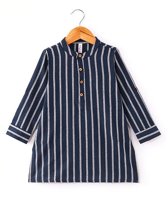 Babyhug 100% Cotton Woven Full Sleeves Kurta with Stripe Design - Navy Blue
