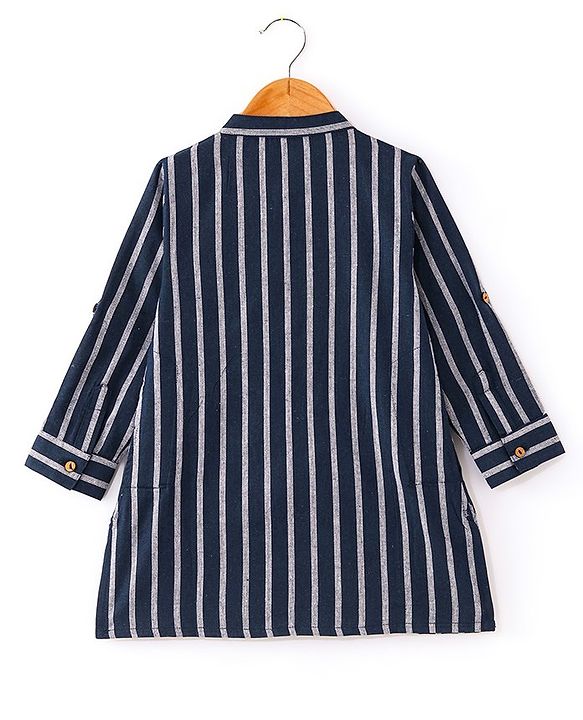 Babyhug 100% Cotton Woven Full Sleeves Kurta with Stripe Design - Navy Blue