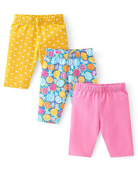Babyhug Single Jersey Knit Three Fourth Length Legging Polka Dot & Orange Print Pack of 3 - Yellow Pink & Blue