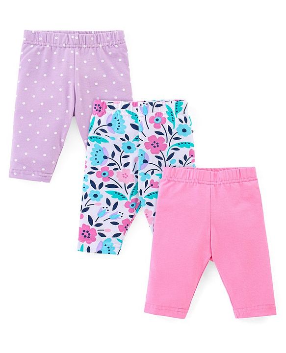 Babyhug Cotton Knit Three Fourth Leggings Dots & Floral Print Pack Of 3 - Pink & Purple