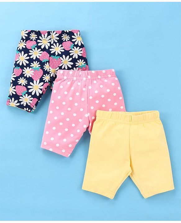 Babyhug Single Jersey Knit  Three Fourth Leggings Stripe Floral & Dot Print Pack of 3- Pink White & Yellow