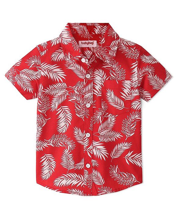 Babyhug 100% Cotton Woven Half Sleeve Shirt Leaf Print- Red