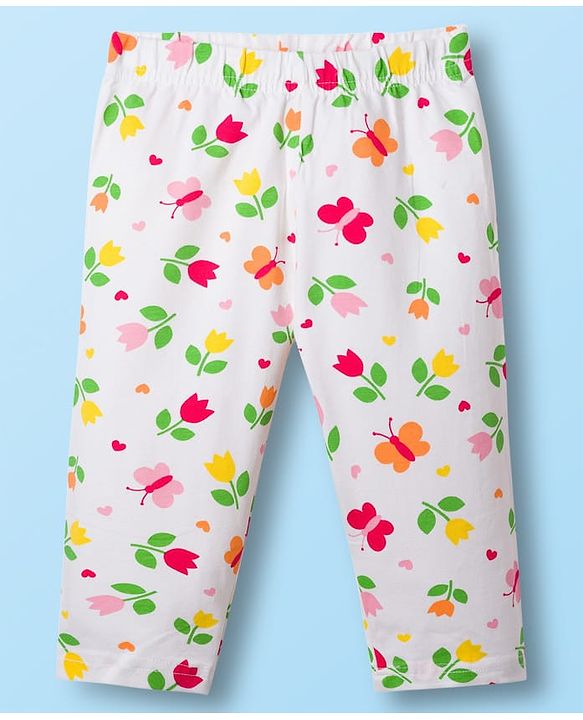 Babyhug Cotton Knit Three Fourth Length Floral Print Leggings Pack of 3 - Red Blue & Purple
