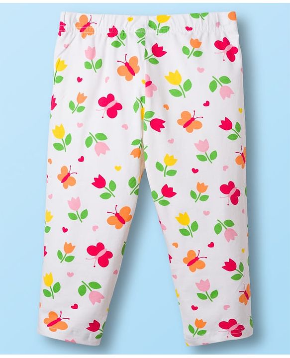 Babyhug Cotton Knit Three Fourth Length Floral Print Leggings Pack of 3 - Red Blue & Purple