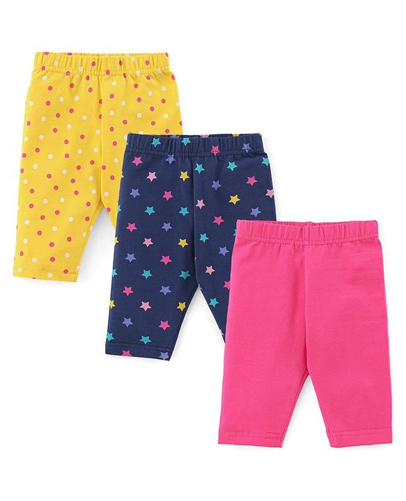 Babyhug Cotton Knit Three Fourth Length Stars & Polka Dots Printed Leggings Pack of 3 - Pink Yellow & Blue