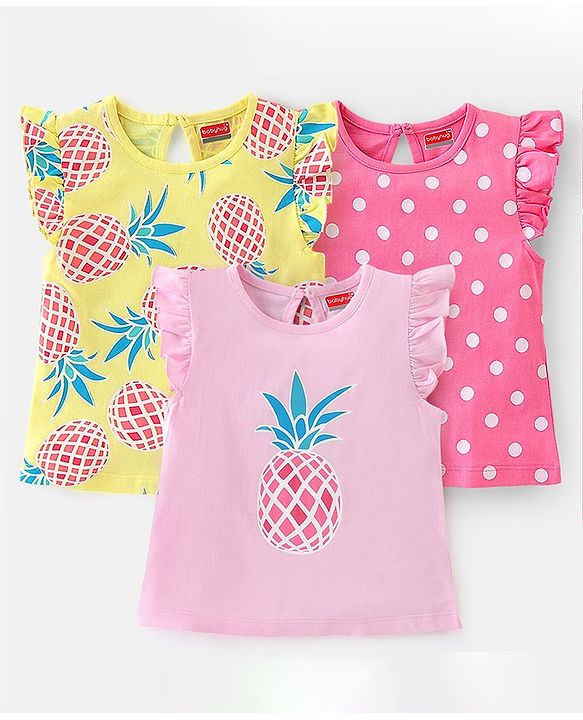 Babyhug 100% Cotton Knit Frill Sleeves T-Shirt with Pineapple Print Pack of 3 - Yellow & Pink
