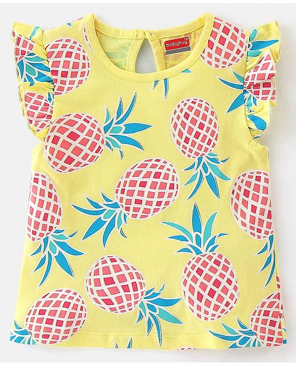 Babyhug 100% Cotton Knit Frill Sleeves T-Shirt with Pineapple Print Pack of 3 - Yellow & Pink