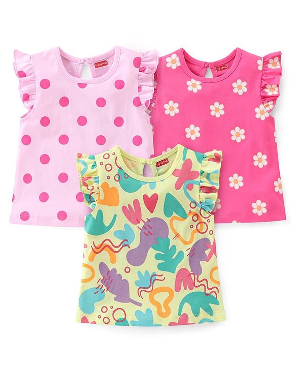 Babyhug 100% Cotton Knit Half Sleeves T-Shirts with Floral Graphics & Frill Detailing Pack Of 3 - Multicolor