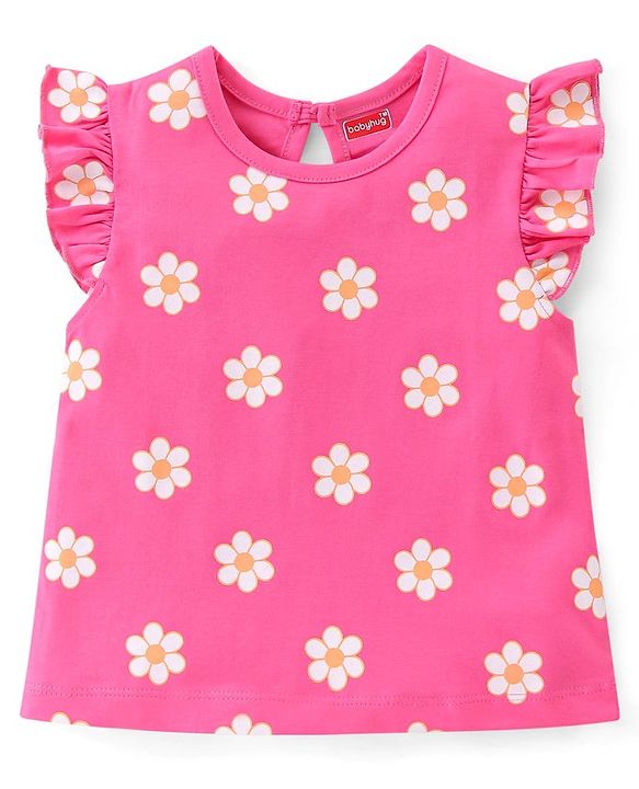 Babyhug 100% Cotton Knit Half Sleeves T-Shirts with Floral Graphics & Frill Detailing Pack Of 3 - Multicolor