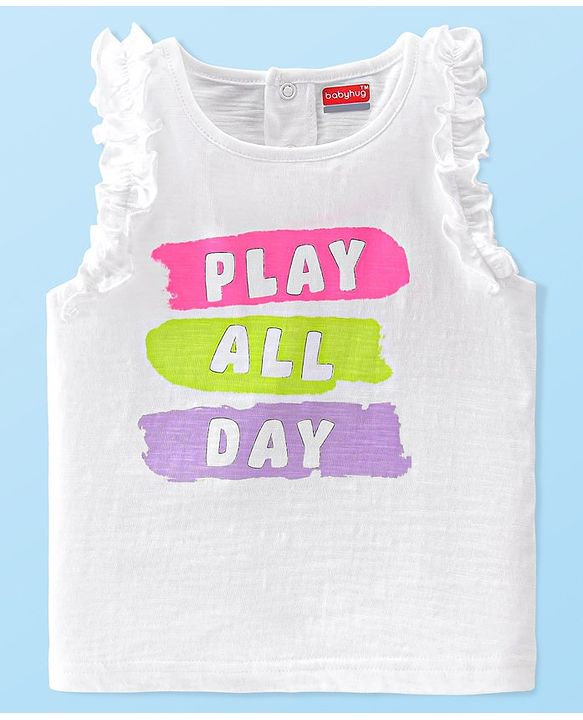 Babyhug 100% Cotton Knit   Sleeveless T-Shirt with Frill Detailing & Text Graphics- White