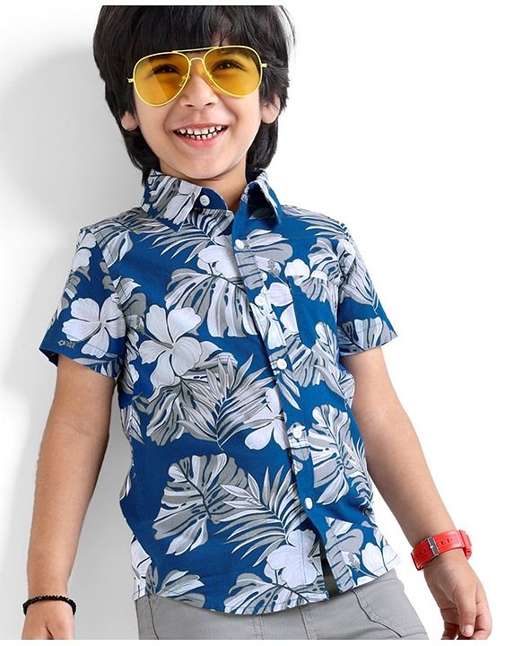 Babyhug 100% Cotton Woven Half Sleeves Shirt Tropical Theme - Blue