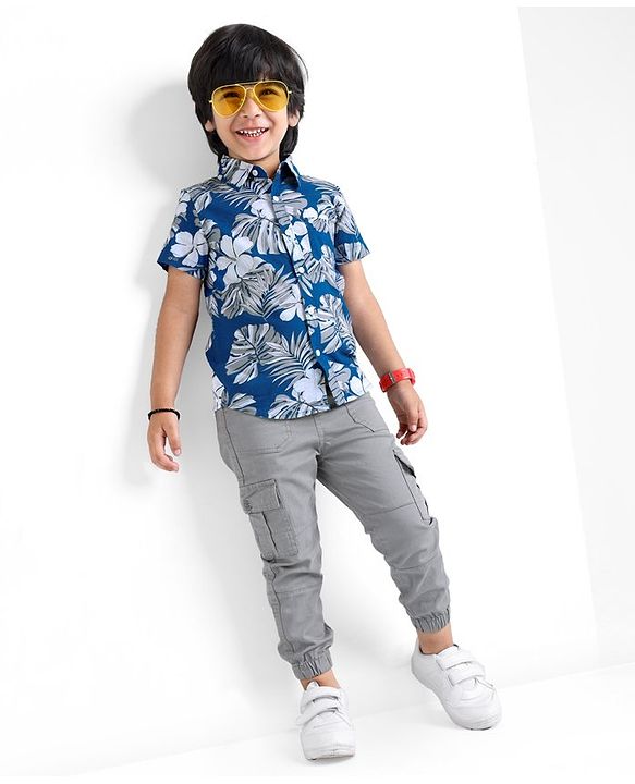 Babyhug 100% Cotton Woven Half Sleeves Shirt Tropical Theme - Blue