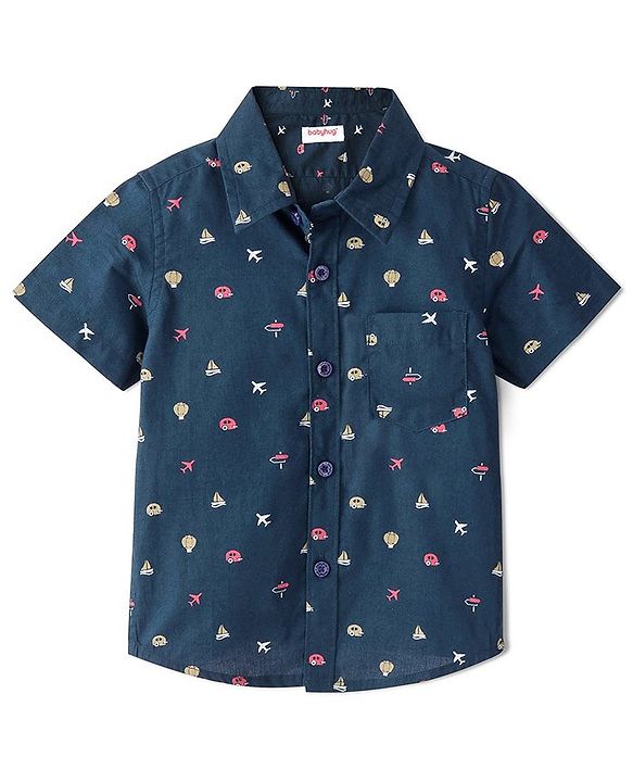 Babyhug Cotton Woven Half Sleeves Shirt Vehicle Print- Navy Blue