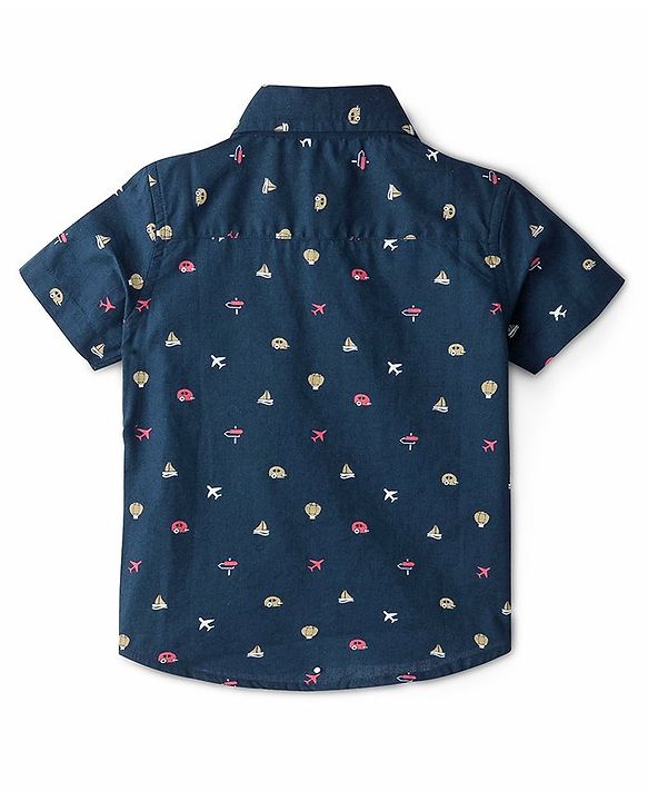 Babyhug Cotton Woven Half Sleeves Shirt Vehicle Print- Navy Blue