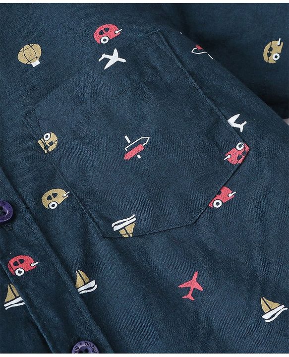 Babyhug Cotton Woven Half Sleeves Shirt Vehicle Print- Navy Blue