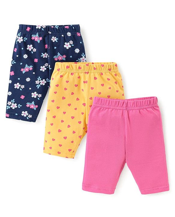 Babyhug Knit Three Fourth Leggings Floral Hearts & Solid Print Pack of 3 -Multicolour