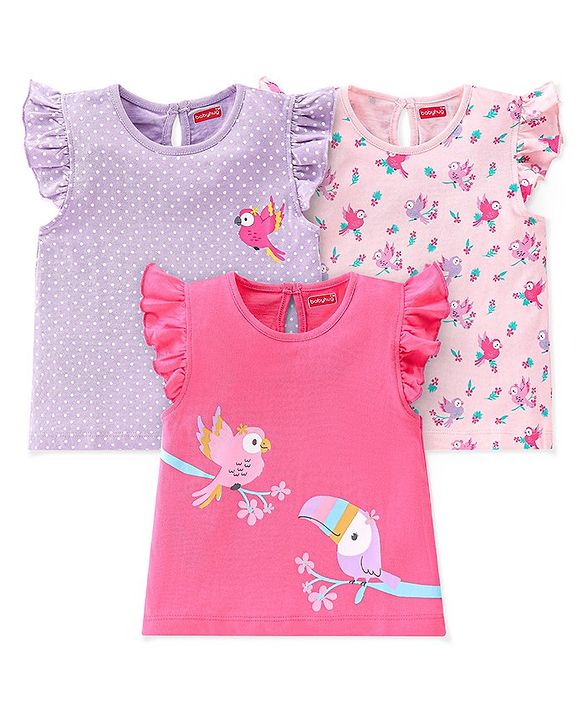 Babyhug Cotton Knit Frill Sleeves Polka Dots & Birds Printed T-Shirts Pack of 3 - Multicolour
