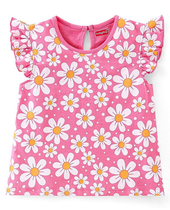 Babyhug Cotton Knit Frill Sleeves Floral & Toucan Bird Printed T-Shirts Pack of 3 - Pink & Yellow