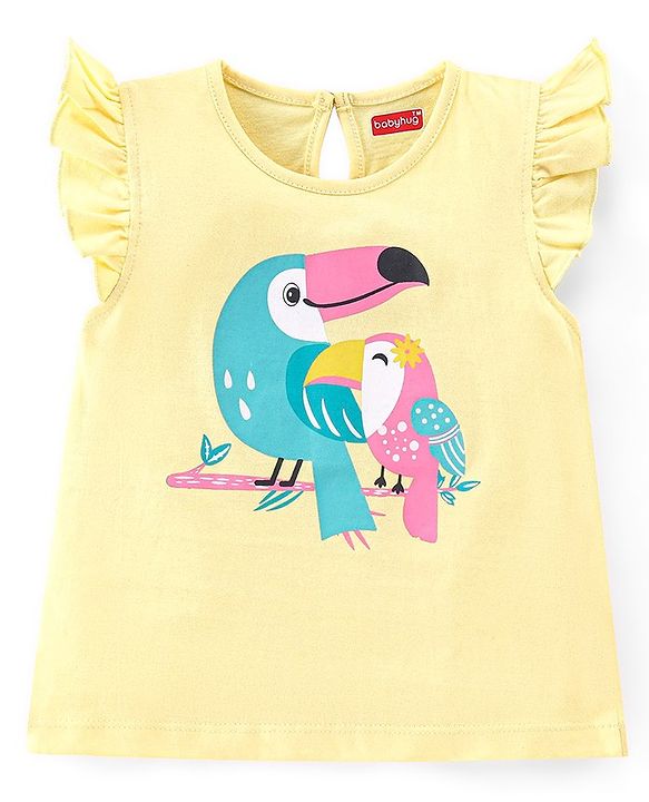 Babyhug Cotton Knit Frill Sleeves Floral & Toucan Bird Printed T-Shirts Pack of 3 - Pink & Yellow