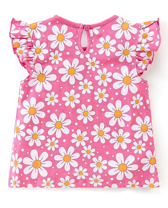Babyhug Cotton Knit Frill Sleeves Floral & Toucan Bird Printed T-Shirts Pack of 3 - Pink & Yellow