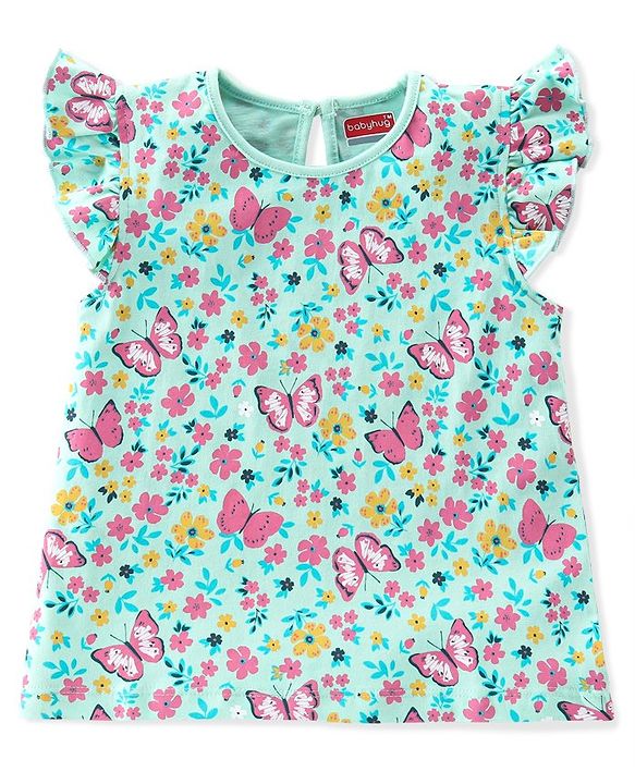 Babyhug 100% Cotton Frill Sleeves Tops with Floral Graphics Pack of 3 - Purple Green & Yellow