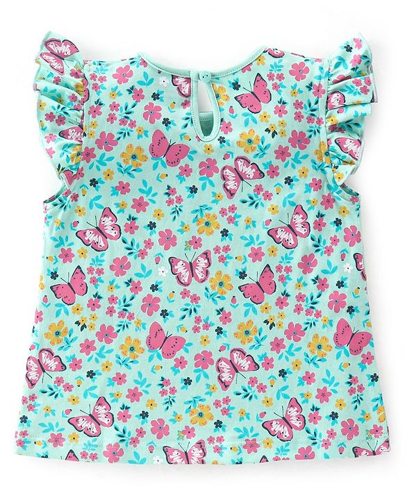 Babyhug 100% Cotton Frill Sleeves Tops with Floral Graphics Pack of 3 - Purple Green & Yellow