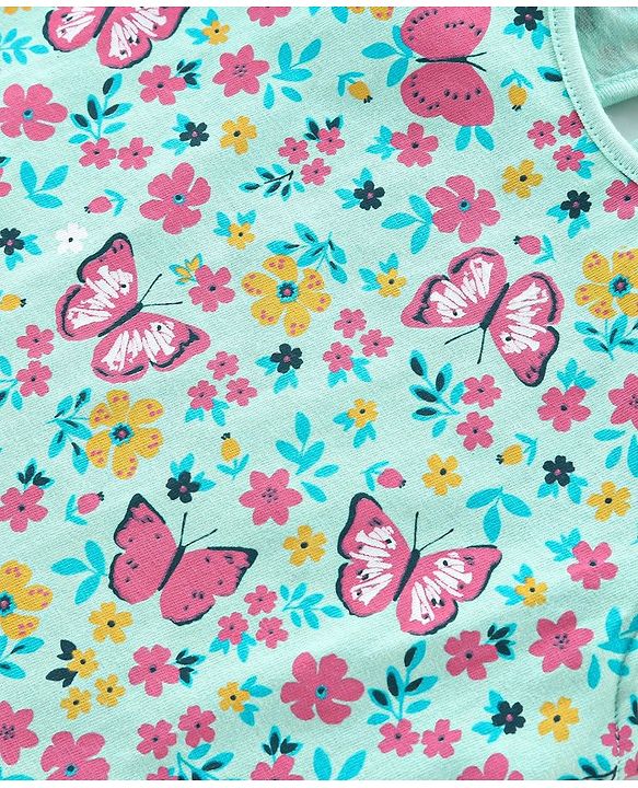 Babyhug 100% Cotton Frill Sleeves Tops with Floral Graphics Pack of 3 - Purple Green & Yellow
