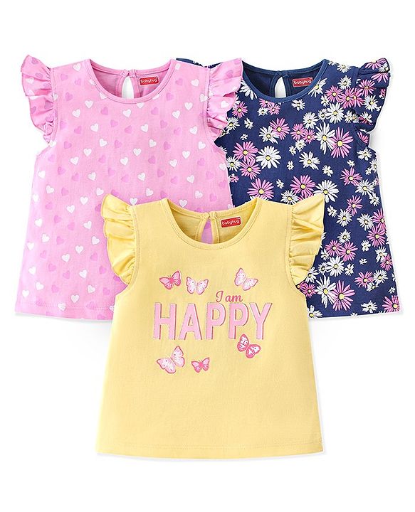 Babyhug 100% Cotton Knit Frill Sleeves Tops with Floral Graphics Pack Of 3 - Pink Navy Blue & Yellow