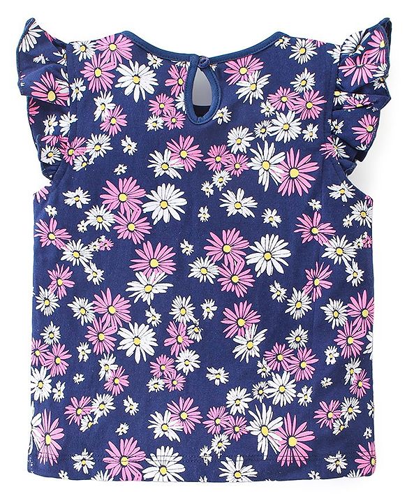 Babyhug 100% Cotton Knit Frill Sleeves Tops with Floral Graphics Pack Of 3 - Pink Navy Blue & Yellow