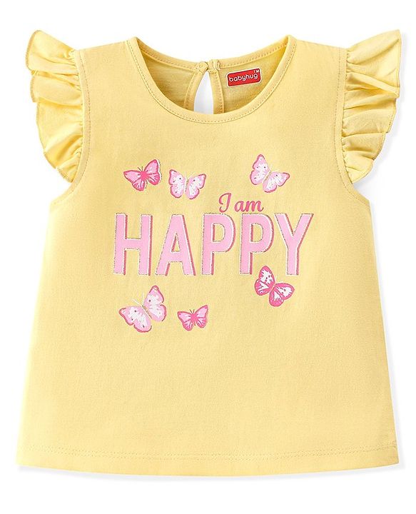 Babyhug 100% Cotton Knit Frill Sleeves Tops with Floral Graphics Pack Of 3 - Pink Navy Blue & Yellow