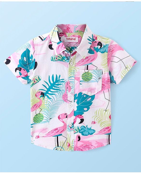 Babyhug 100% Cotton Woven Half Sleeves Regular Collar Shirt With Flamingo Print- Multicolor