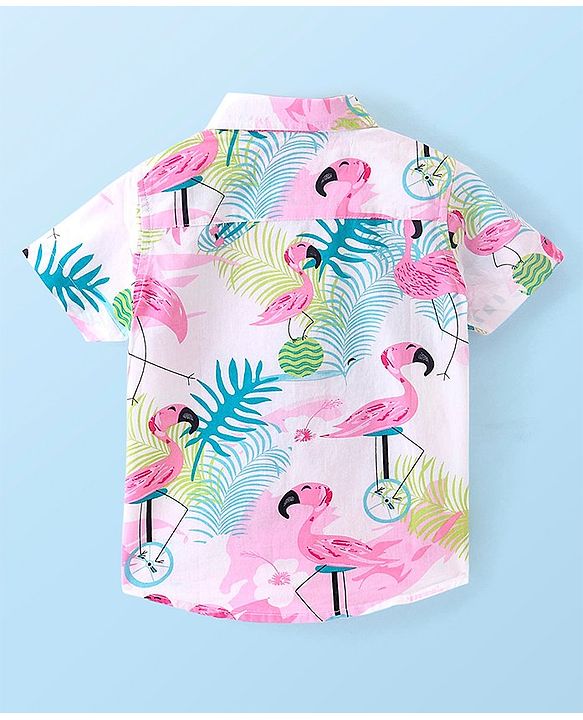 Babyhug 100% Cotton Woven Half Sleeves Regular Collar Shirt With Flamingo Print- Multicolor