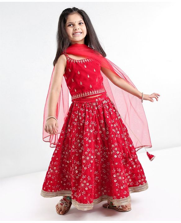Babyhug Woven Sleeveless Choli & Lehenga Set with Dupatta Sequins & Embroidery Detailing - Red