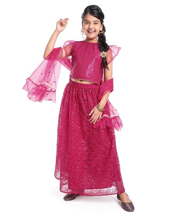 Pine Kids All Over Embroidered Half Sleeves Choli Lehenga set with Dupatta- Pink