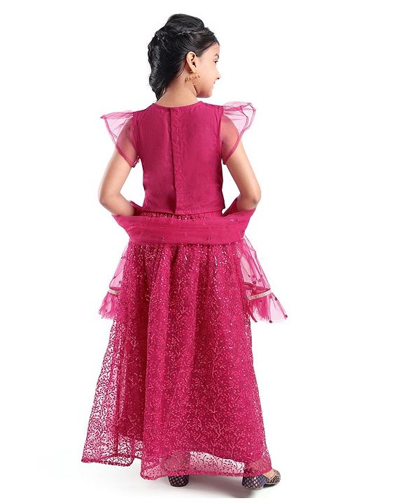 Pine Kids All Over Embroidered Half Sleeves Choli Lehenga set with Dupatta- Pink