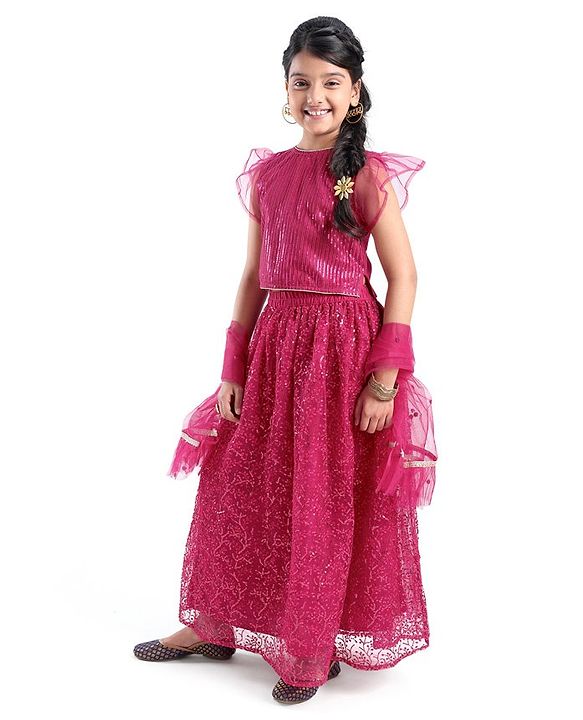 Pine Kids All Over Embroidered Half Sleeves Choli Lehenga set with Dupatta- Pink