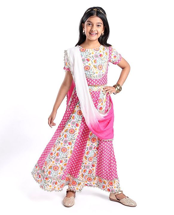 Pine Kids Cotton Knit Half Sleeves Choli & Lehenga Set with Dupatta Floral Printed - Pink