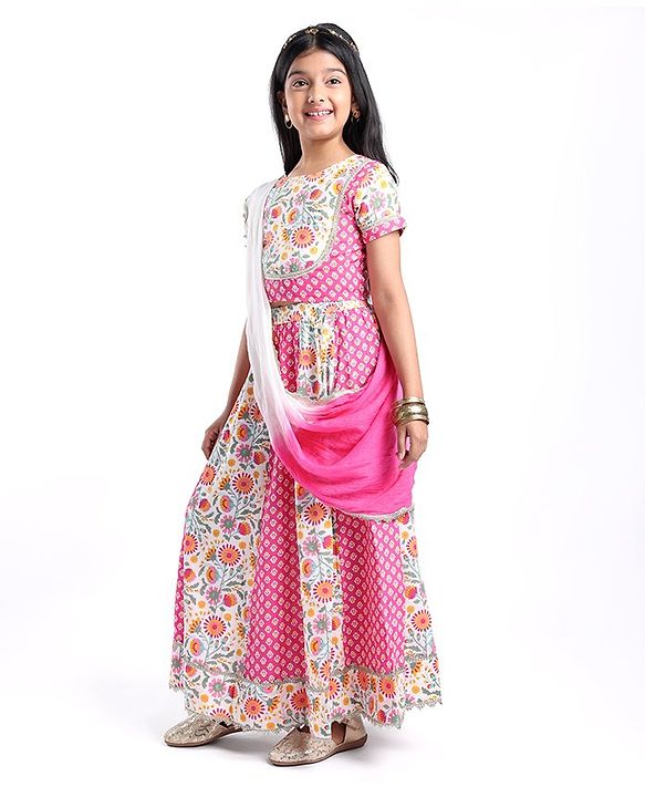 Pine Kids Cotton Knit Half Sleeves Choli & Lehenga Set with Dupatta Floral Printed - Pink