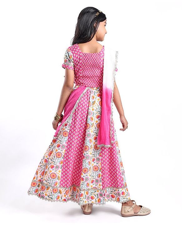 Pine Kids Cotton Knit Half Sleeves Choli & Lehenga Set with Dupatta Floral Printed - Pink