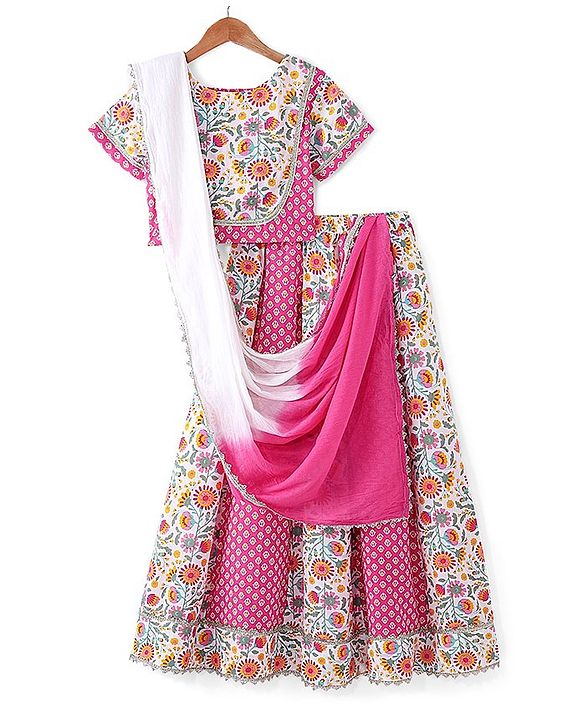 Pine Kids Cotton Knit Half Sleeves Choli & Lehenga Set with Dupatta Floral Printed - Pink